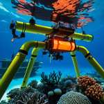 **

Underwater Autonomous Vehicle (AUV) mapping a vibrant coral reef near an oil rig in the Gulf of Mexico. The AUV is sleek and modern, with glowing sensors. The reef teems with colorful fish and diverse coral species. Above, the silhouette of the oil rig is visible, creating a contrast between industrial structures and the natural beauty below. Use bright, vivid colors to emphasize the underwater environment.

**