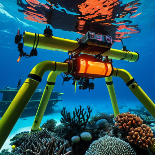 Home 4 **
Underwater Autonomous Vehicle (AUV) mapping a vibrant coral reef near an oil rig in the Gulf of Mexico. The AUV is sleek and modern, with glowing sensors. The reef teems with colorful fish and diverse coral species. Above, the silhouette of the oil rig is visible, creating a contrast between industrial structures and the natural beauty below. Use bright, vivid colors to emphasize the underwater environment.
**
