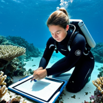 A professional female marine biologist in a modest, protective wetsuit, fully clothed, appropriate attire, using a scientific tablet to observe a gently bleached coral reef underwater. The scene shows subtle, naturally dispersed microplastic fragments, without appearing as messy pollution, emphasizing observational research of a delicate ecosystem. The light filters from the surface, creating an ethereal ambiance. safe for work, appropriate content, perfect anatomy, correct proportions, natural pose, well-formed hands, proper finger count, natural body proportions, professional photography, high quality.