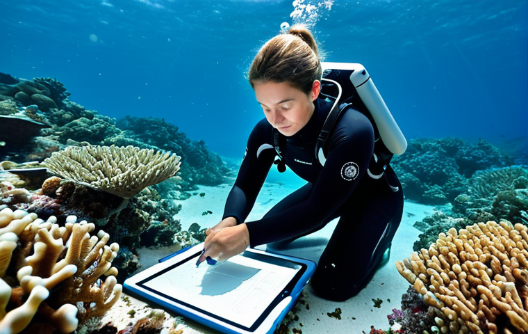 A professional female marine biologist in a modest, protective wetsuit, fully clothed, appropriate attire, using a scientific tablet to observe a gently bleached coral reef underwater. The scene shows subtle, naturally dispersed microplastic fragments, without appearing as messy pollution, emphasizing observational research of a delicate ecosystem. The light filters from the surface, creating an ethereal ambiance. safe for work, appropriate content, perfect anatomy, correct proportions, natural pose, well-formed hands, proper finger count, natural body proportions, professional photography, high quality.