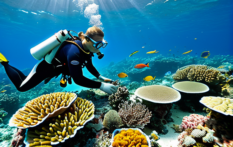 해양 산성화 - Coral Reef Research**

"A marine biologist, fully clothed in appropriate research gear, carefully ex...