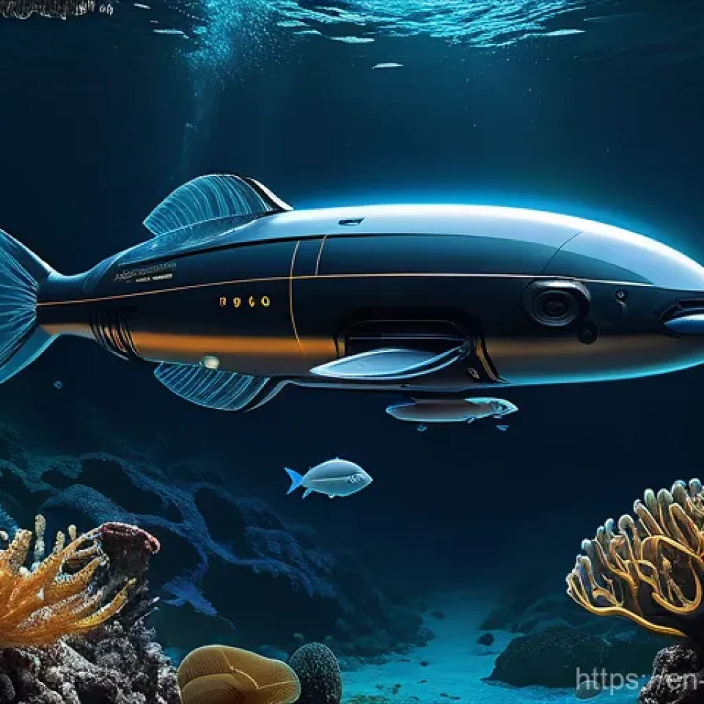 해양학 연구 설계 - **Prompt: Autonomous Deep-Sea Exploration**
"A sleek, futuristic Autonomous Underwater Vehicle (...
