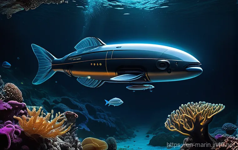 해양학 연구 설계 - **Prompt: Autonomous Deep-Sea Exploration**
"A sleek, futuristic Autonomous Underwater Vehicle (...