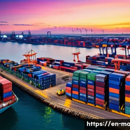 해양 경제학 기초 - A bustling modern international port at sunset, showcasing massive automated cranes loading colorful...