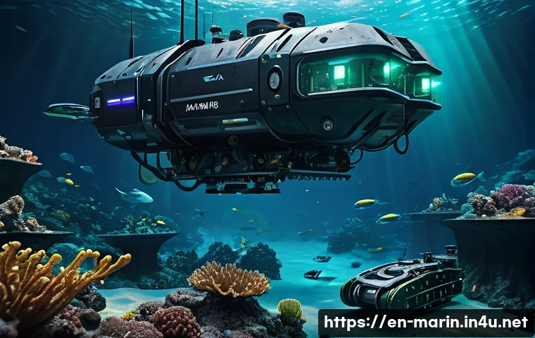 해양 자원 채굴 기술 - A futuristic deep-sea mining operation scene featuring advanced autonomous underwater vehicles (AUVs...