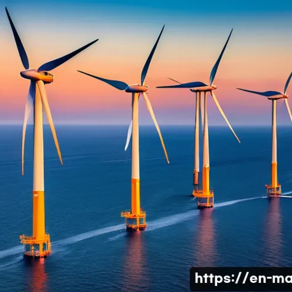 해양 풍력 발전 - A panoramic view of a modern offshore wind farm at sunset, featuring towering wind turbines with lar...
