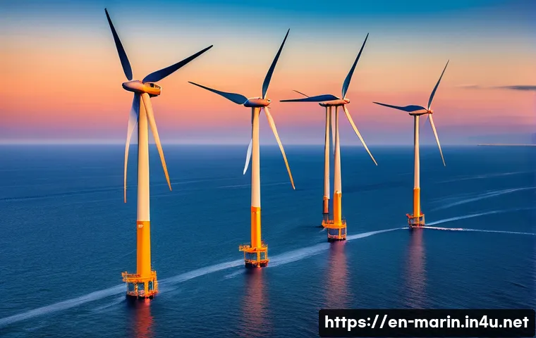 해양 풍력 발전 - A panoramic view of a modern offshore wind farm at sunset, featuring towering wind turbines with lar...