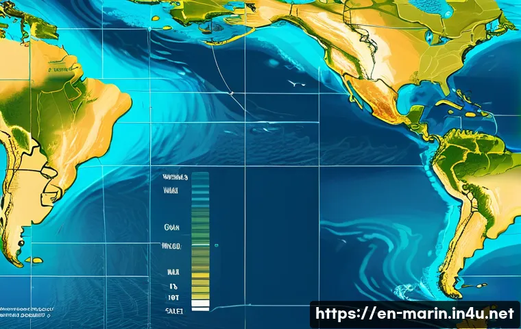 해양학 기초과학 - A detailed scientific illustration of the Gulf Stream surface current flowing along the eastern coas...