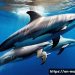 해양 포유류 연구 - A detailed underwater scene showing a pod of bottlenose dolphins actively communicating with each ot...
