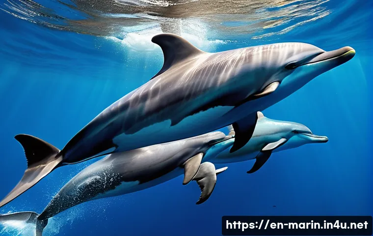 해양 포유류 연구 - A detailed underwater scene showing a pod of bottlenose dolphins actively communicating with each ot...