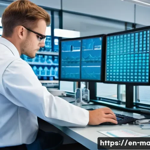 해양학 연구 논문 작성법 - A detailed scientific laboratory scene showing an oceanographer in professional attire carefully ana...