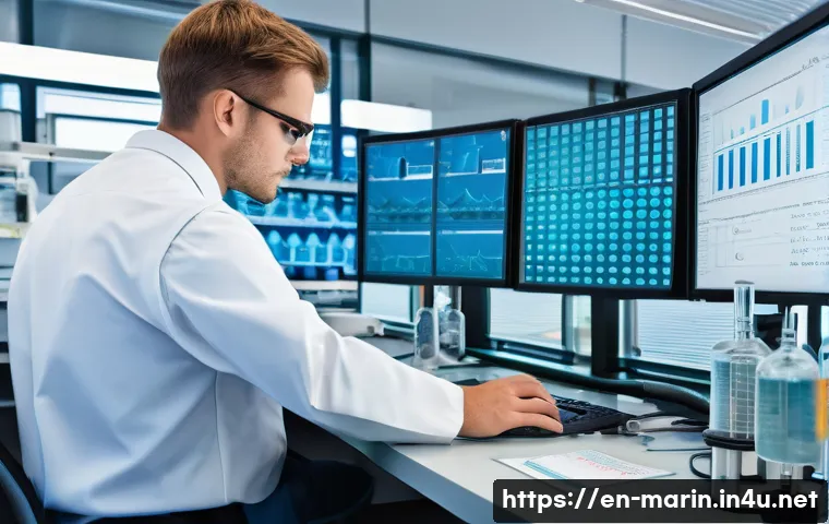 해양학 연구 논문 작성법 - A detailed scientific laboratory scene showing an oceanographer in professional attire carefully ana...