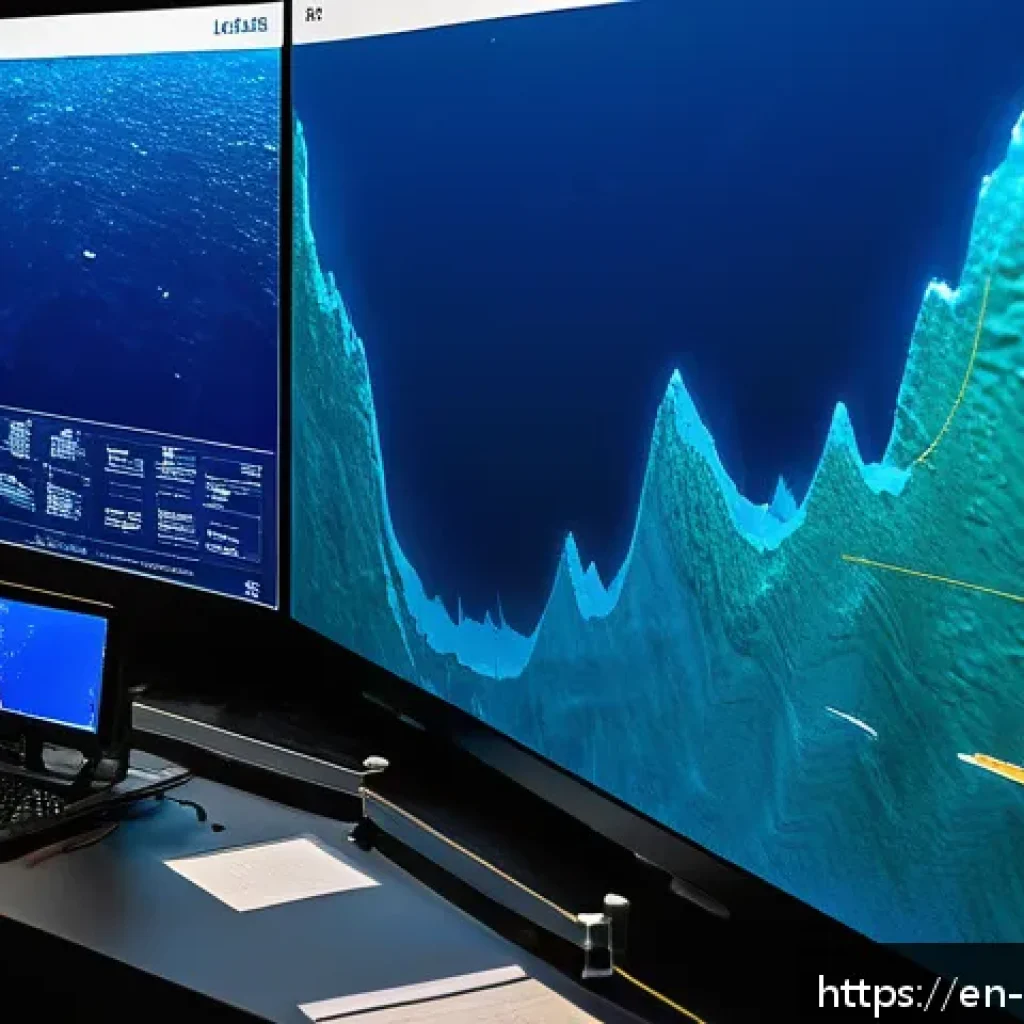 해양 지질학 실습 - A detailed underwater scene showcasing a high-tech multibeam sonar survey in progress: a modern rese...