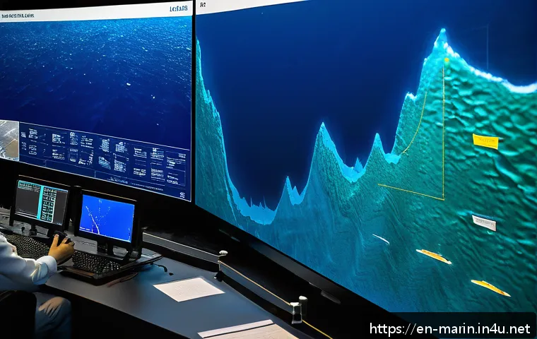 해양 지질학 실습 - A detailed underwater scene showcasing a high-tech multibeam sonar survey in progress: a modern rese...