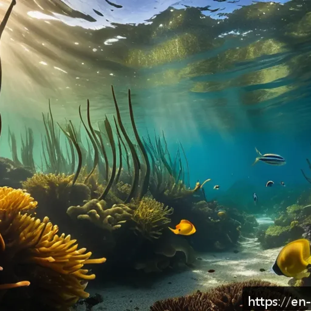 해양 식물과 초식동물 - A vibrant underwater kelp forest scene showcasing diverse marine herbivores including sea urchins, s...