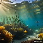 해양 식물과 초식동물 - A vibrant underwater kelp forest scene showcasing diverse marine herbivores including sea urchins, s...