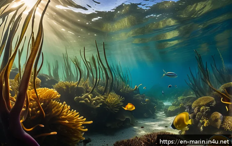 해양 식물과 초식동물 - A vibrant underwater kelp forest scene showcasing diverse marine herbivores including sea urchins, s...