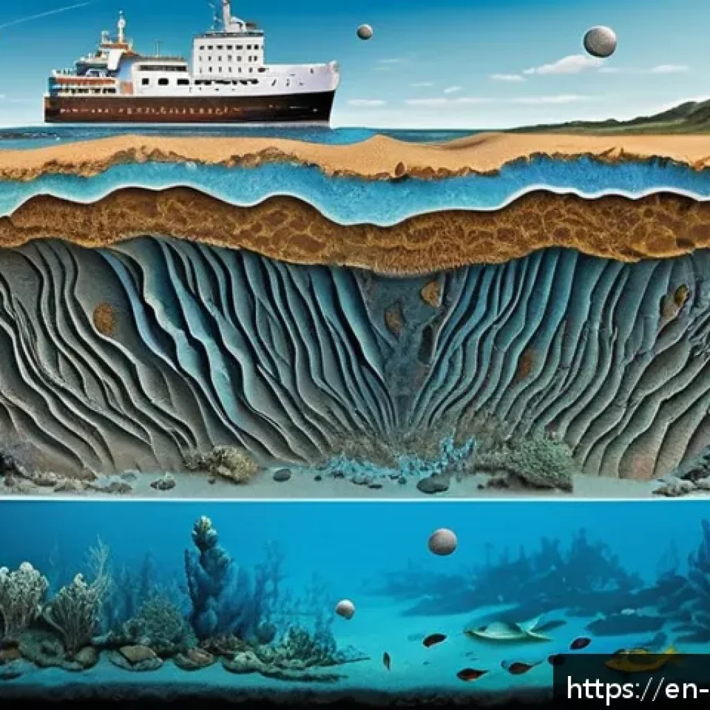 해양 퇴적물 연구 - A detailed cross-section illustration of marine sediment layers beneath the ocean floor, showcasing ...