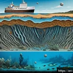 해양 퇴적물 연구 - A detailed cross-section illustration of marine sediment layers beneath the ocean floor, showcasing ...