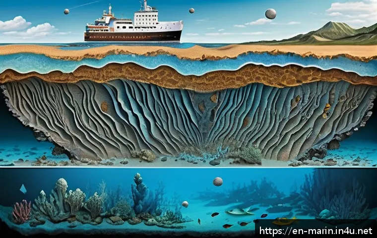 해양 퇴적물 연구 - A detailed cross-section illustration of marine sediment layers beneath the ocean floor, showcasing ...
