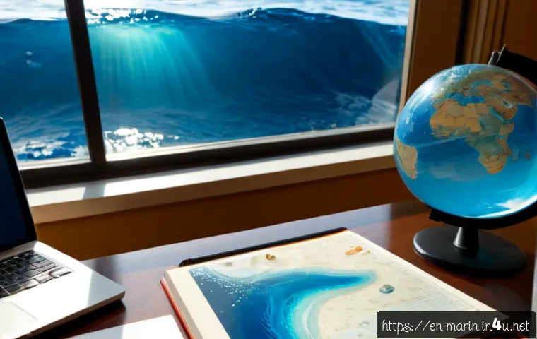 해양학 학습 자료 - Photorealistic oceanography study desk in a bright coastal university library, an open blank ocean m...
