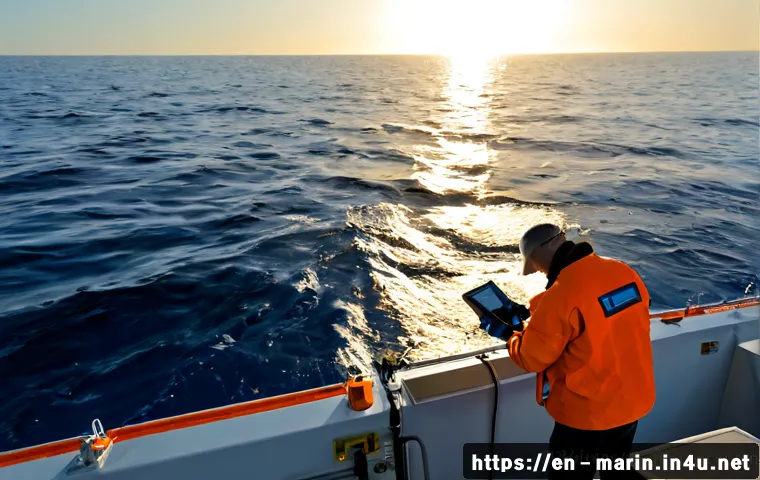 해양학 데이터 수집 - Photorealistic oceanographic data collection aboard a modern research vessel at sunrise, marine scie...