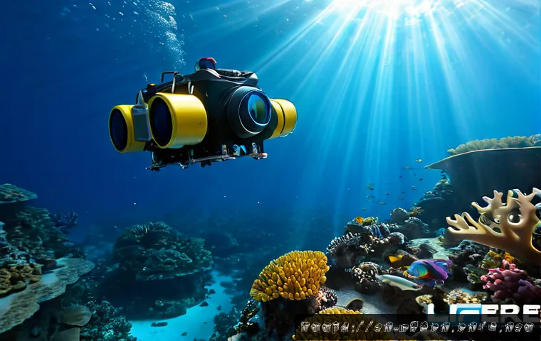 해양 로봇 기술 - Photorealistic underwater scene of a compact autonomous marine robot inspecting a coral reef, articu...